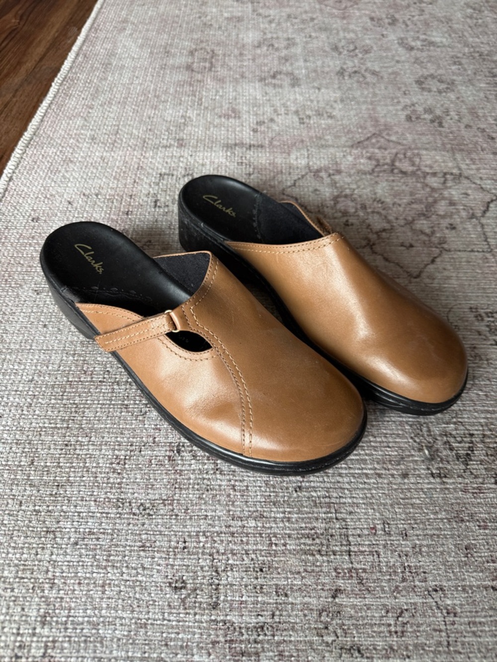 Clarks Tan Slip-On Leather Clogs with Side Strap